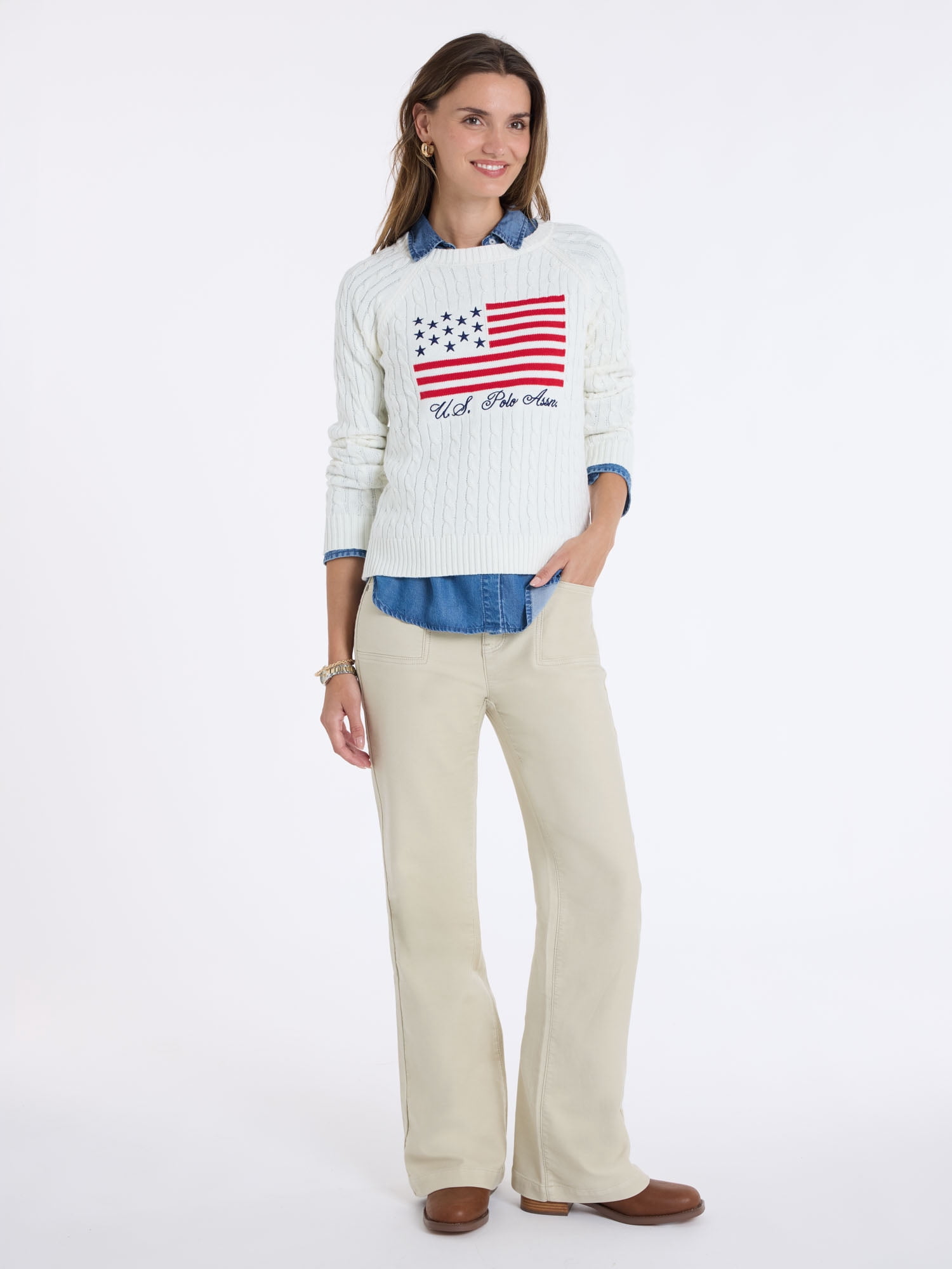 U.S. Polo Assn. Women's Cable Raglan Flag Sweater