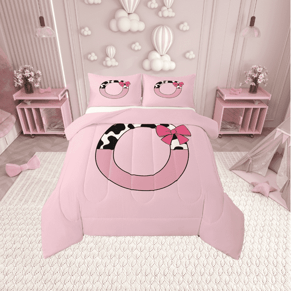 Erosebridal Monogrammed Letter Bedding Twin Comforter Set,Cattle Print Down Comforter,Ultra Soft Reversible Bedding Sets Twin with Comforter,Pink Bow Tie Decoration,3pcs