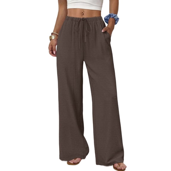 Wide Leg Pants for Women Drawstring Elastic Waist Trousers with Pockets Summer Vacation Clothes Brown XXL