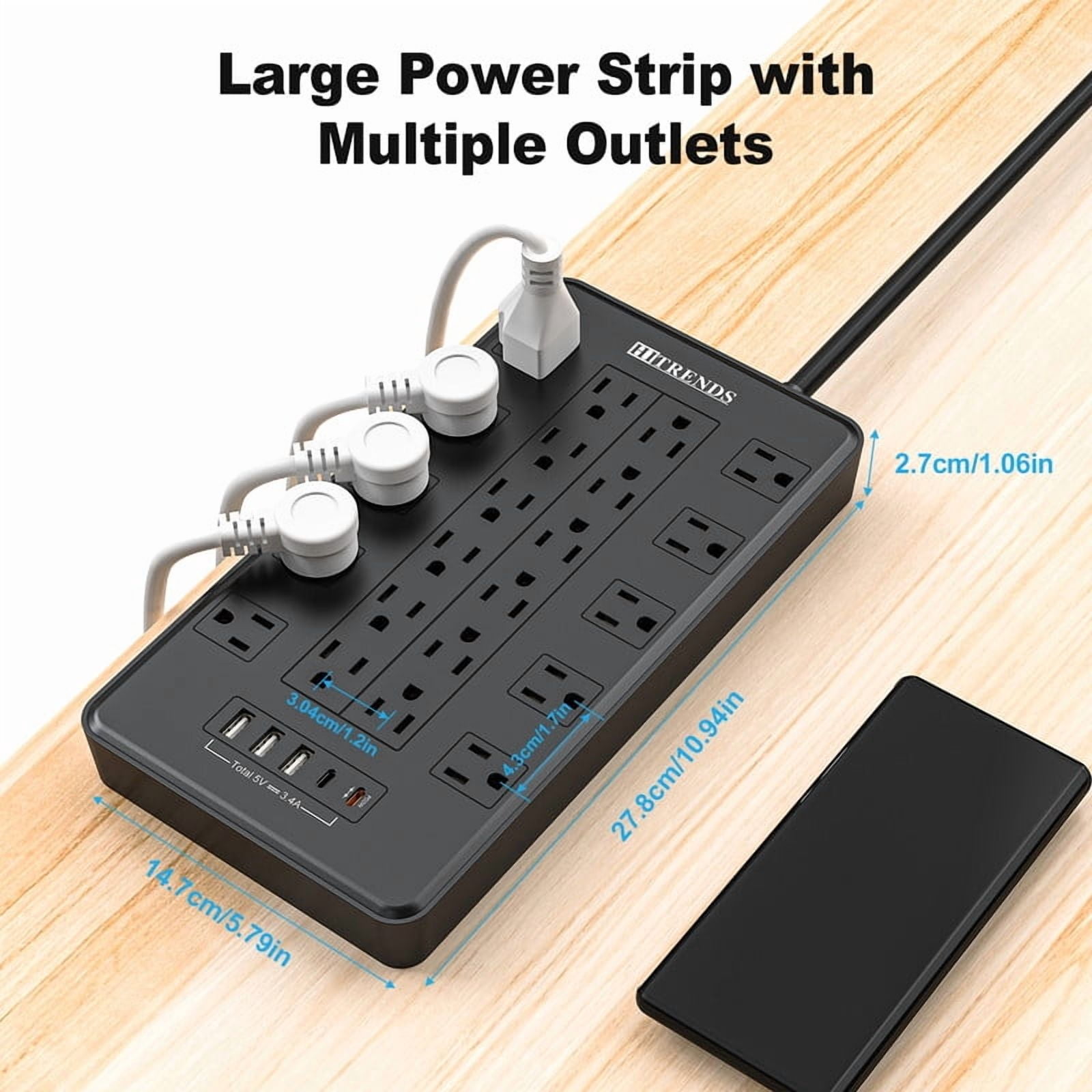 HITRENDS Power Bar, Flat Plug, 22 Outlets and 5 USB Ports, 2700 J, 6ft Extension Cord
