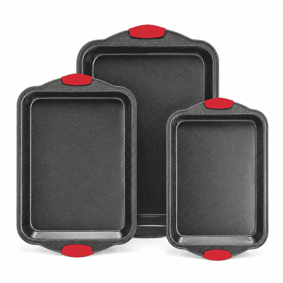 Anveena 3-Piece Nonstick Baking Pan Set, Steel Oven Bakeware, Red Silicone Handles, Black, Easy to Clean