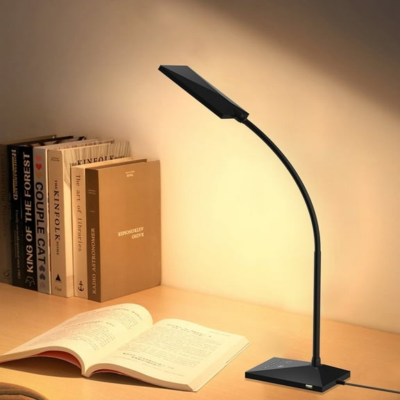 Topesel Dimmable LED Desk Lamp with USB Charge Port Touch Control Eye-Caring Adjustable Memory Function Table Lamp for Home Office Bedroom Nightstand-Black