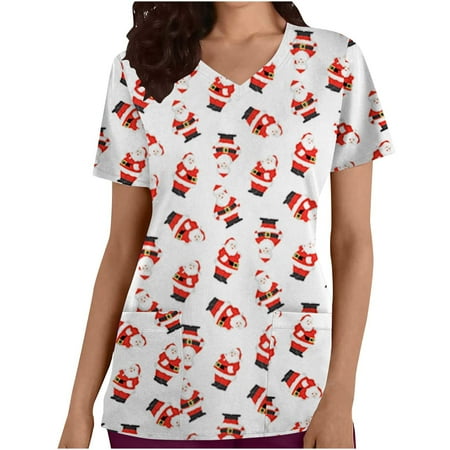 

Crop Tops for Women Tunic Tops Women s Fashion Short Sleeve V-Neck Tops Working Uniform Printing Pocket Blouse Tops Womens Workout Tops Black Shirts for Women on Sales White 2XL