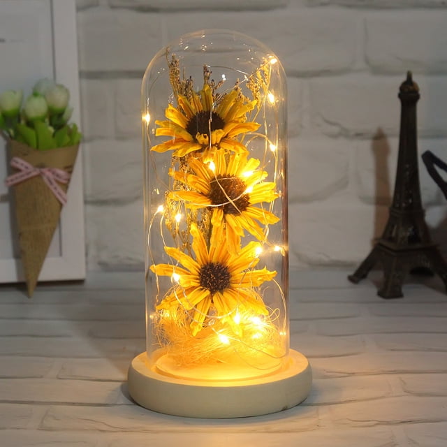 Girasol artificial en cúpula de cristal, regalo de girasol para mujer, decoración de girasol, regalo encantado para mujeres en Navidad, día de la madre, día de San Valentín, aniversario, cumpleaños,