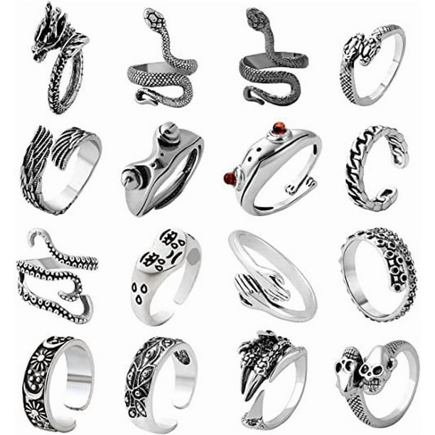 Juego de 16 anillos góticos punk de plata para hombres y mujeres, con diseño de rana, serpiente, mariposa, araña, ojo de animal, ajustable, estilo gótico, apilables.