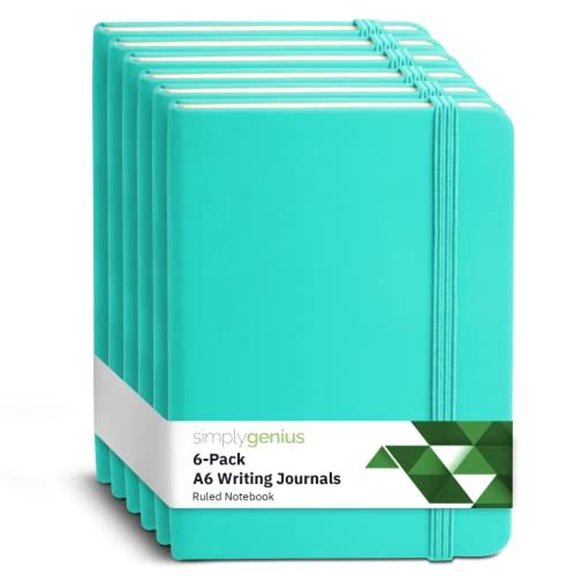 Simply Genius Notebook Journal Set - A6 Pocket Hardcover 6-Pack Turquoise - 124 Ruled & Dotted Pages with Inner Pocket & Elastic Band - Mini Journal for Notes & Planning