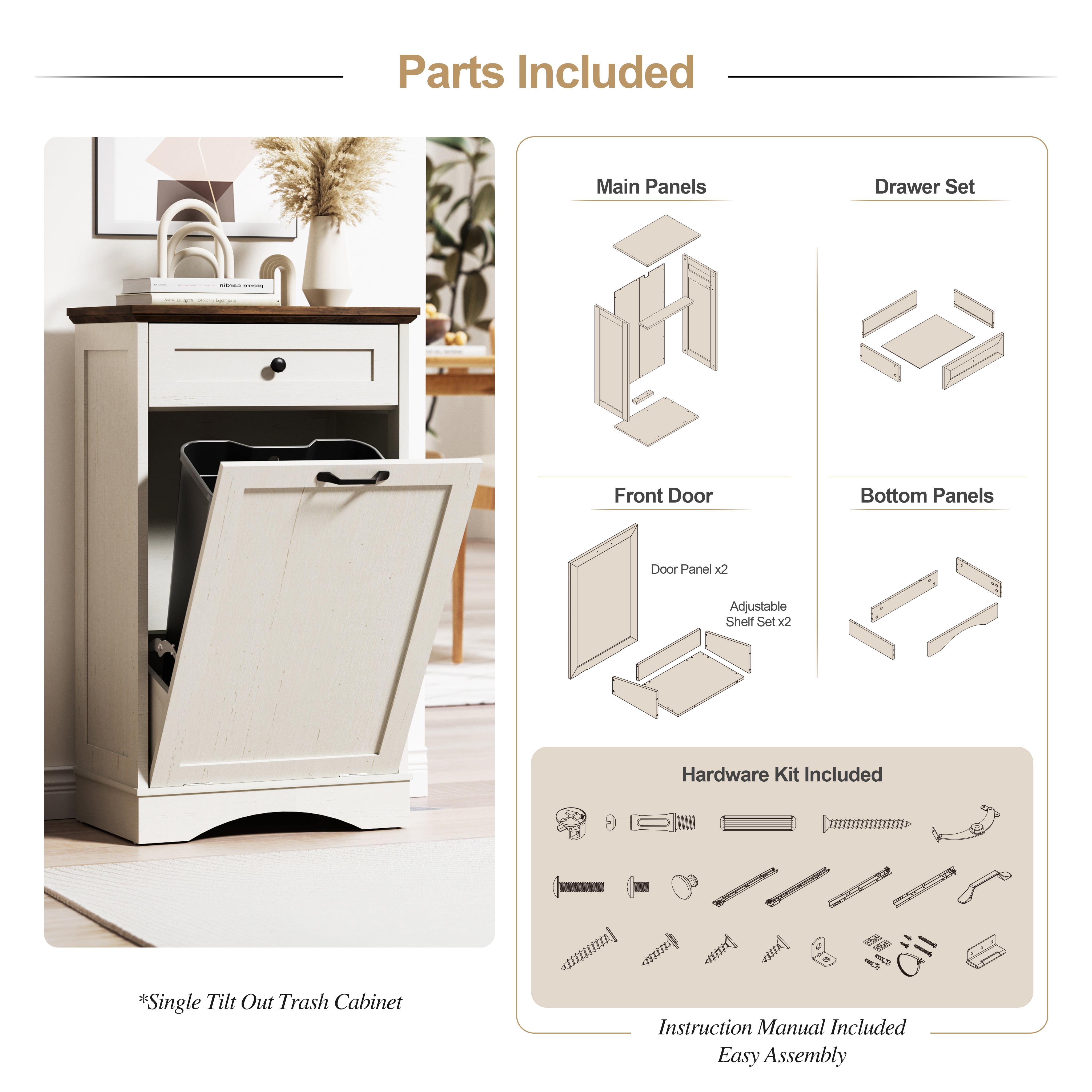 AHB 13 Gallon Tilt Out Kitchen Trash Cabinet with Drawer, Single Trash Can Storage Organizer, 20.9"L x 13.55"W x 38.5"H , White