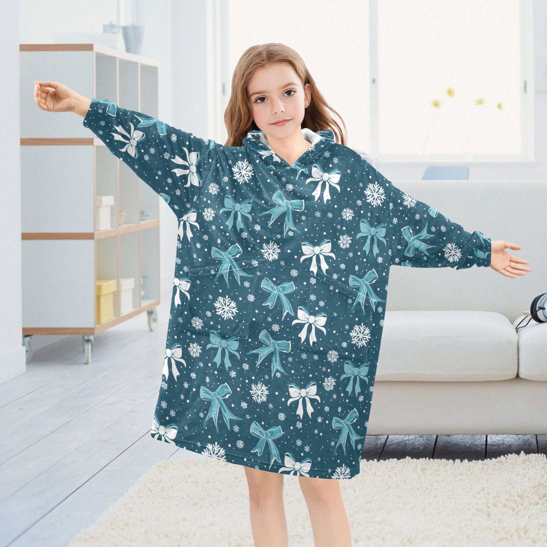 Wearable Blanket Hoodie for Kids White Blue Bow Snowflakes Flannel Hooded Blanket with Pockets and Sleeves Suitable for Boys and Girls