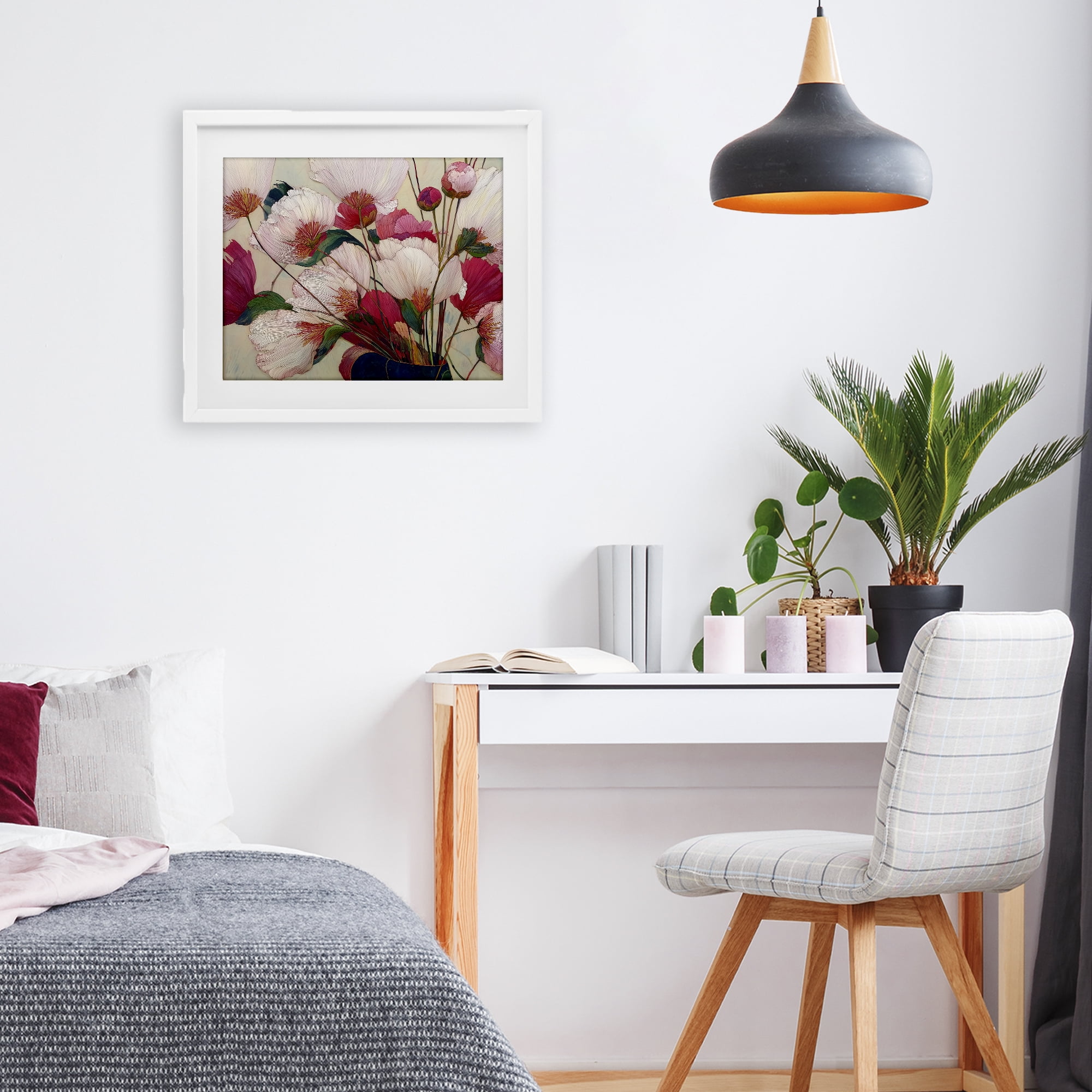 Lush Haiku Pink & White Flowers White Framed Print Under Glass, design by Annabelle Hall