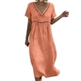 thumbnail image 3 of Summer Fashion Dresses for Womens 2026 Plus Size Cotton And Linen Solid Color Dress Short Sleeved V-neck Lace Trimmed Loose Casual Summer Beach Dress, 3 of 9