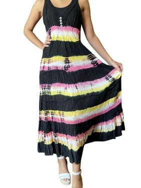 Mogul Women Maxi Dress, Tie Dye Sundress, Mid Night Black summer boho dresses, Flare beach cover up S/M