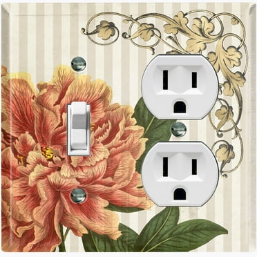 Metal Light Switch Plate Outlet Cover Orange Flower Beige Stripe Damask FLW063