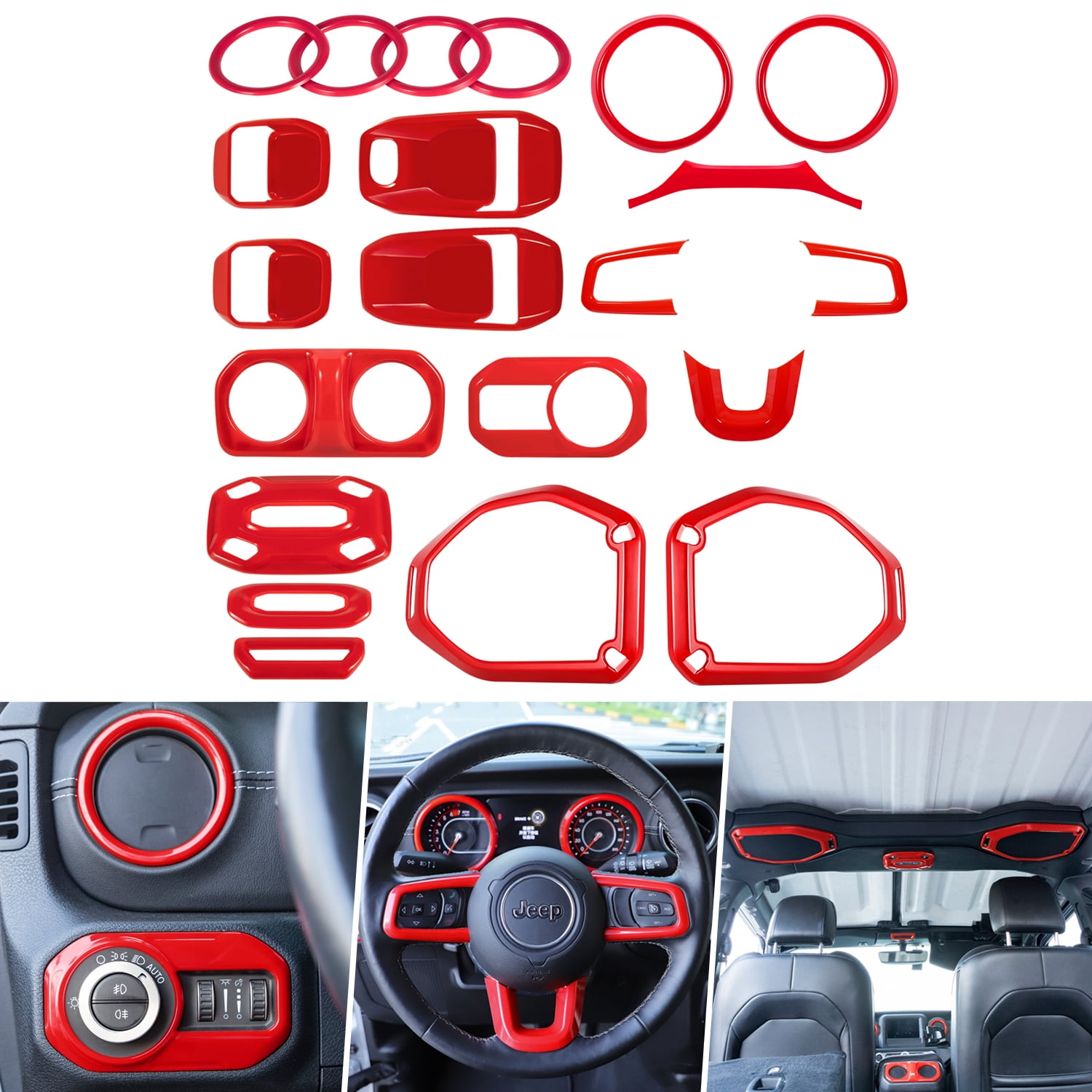 Air Conditioning Vent Red Speaker Reading Light CheroCar 21PCS Full Set Interior Decoration Trim Kit for 2018-2021 Jeep Wrangler JL JLU & Gladiator JT Steering Wheel 