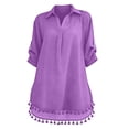 thumbnail image 4 of Fesfesfes Women's Tassel Hem Beach Cover Up Button Down Shirt Dress Oversized 3/4 Sleeve Swimsuit Cover Up Vacation Resort Wear Summer Bikini Beach Dress, 4 of 7