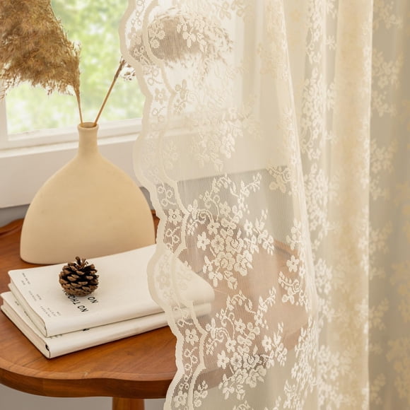 Cortinas transparentes YJ YANJUN de encaje vintage, color beige, 214 cm de alto, para sala de estar