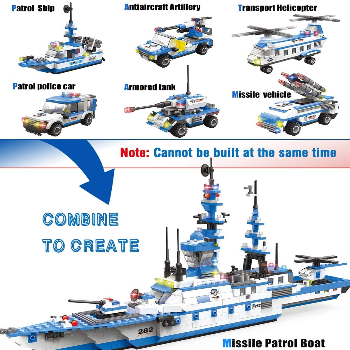 Creative Educational Toys,Gift for Boys Girls 6-12 1230pcs City Police Military Building Kit,6 in 1 Ocean Patrol Boat Building Toy with Storage Bucket,Police Toy Sets with Helicopter Car Battleship