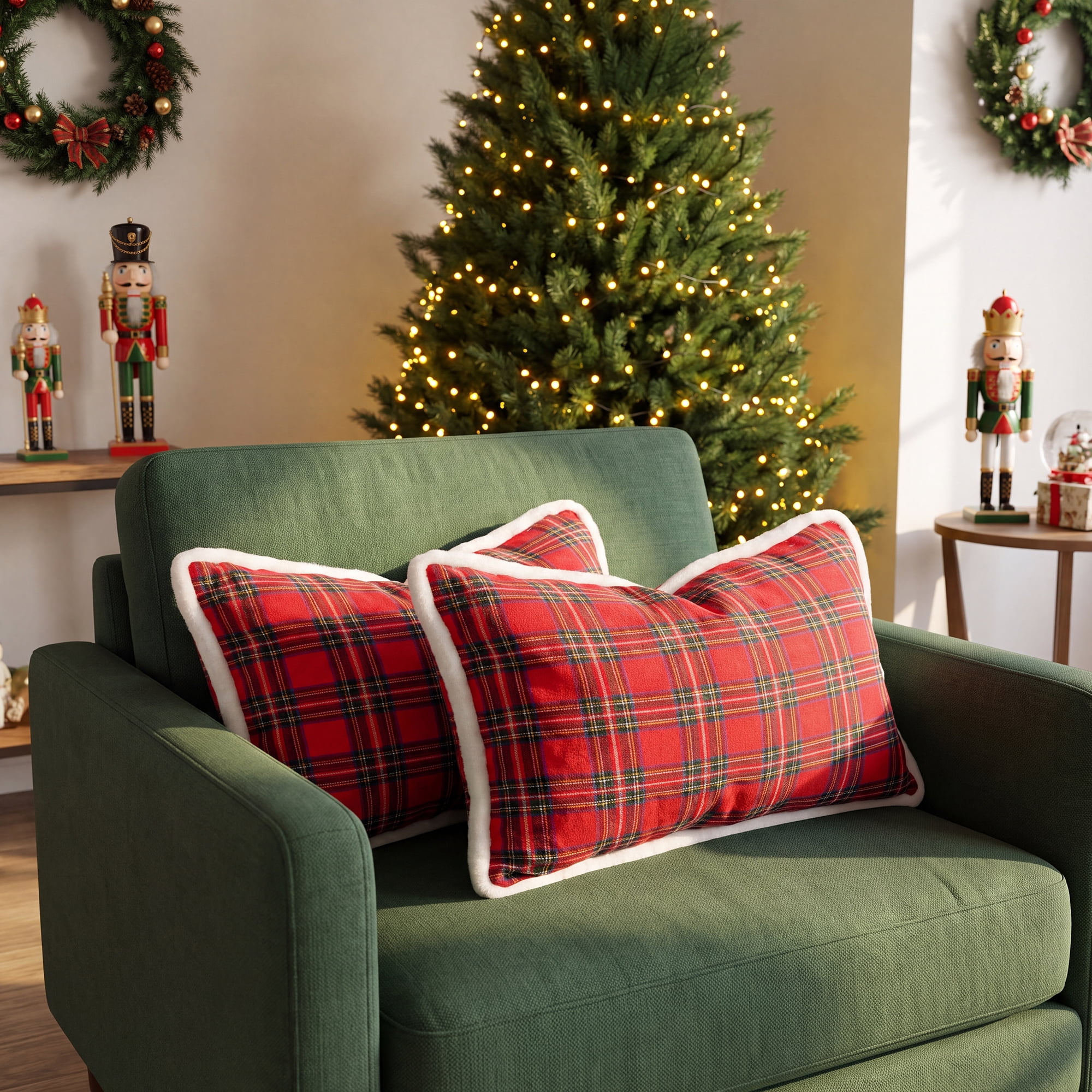 Unique Bargains Plaid Throw Pillow Covers Tartan Cushion Cases Red Plaid Fur Trim 20"x12"