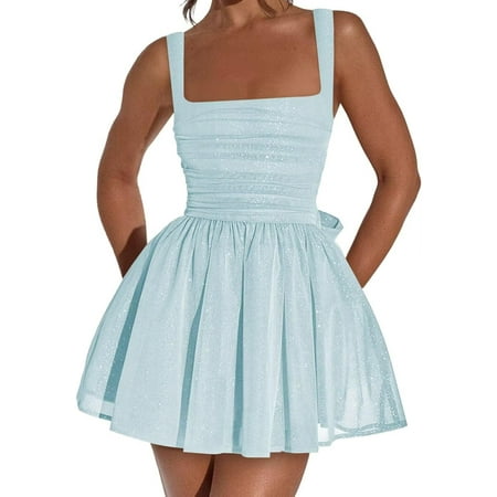 WANGJUNBEI Sparkly Tulle Cocktail Dress for Teens 2025 Short Corset Prom Dress Square Neck Mini Cocktail Party Gowns