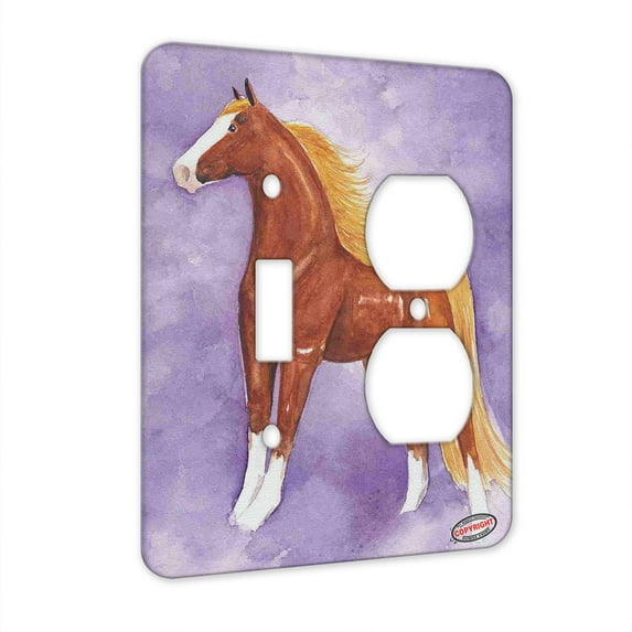 KuzmarK™ 2 Gang Single Toggle / Single Duplex Wall Plate - Flaxen Chestnut American Saddlebred on Purple Horse Art by Denise Every
