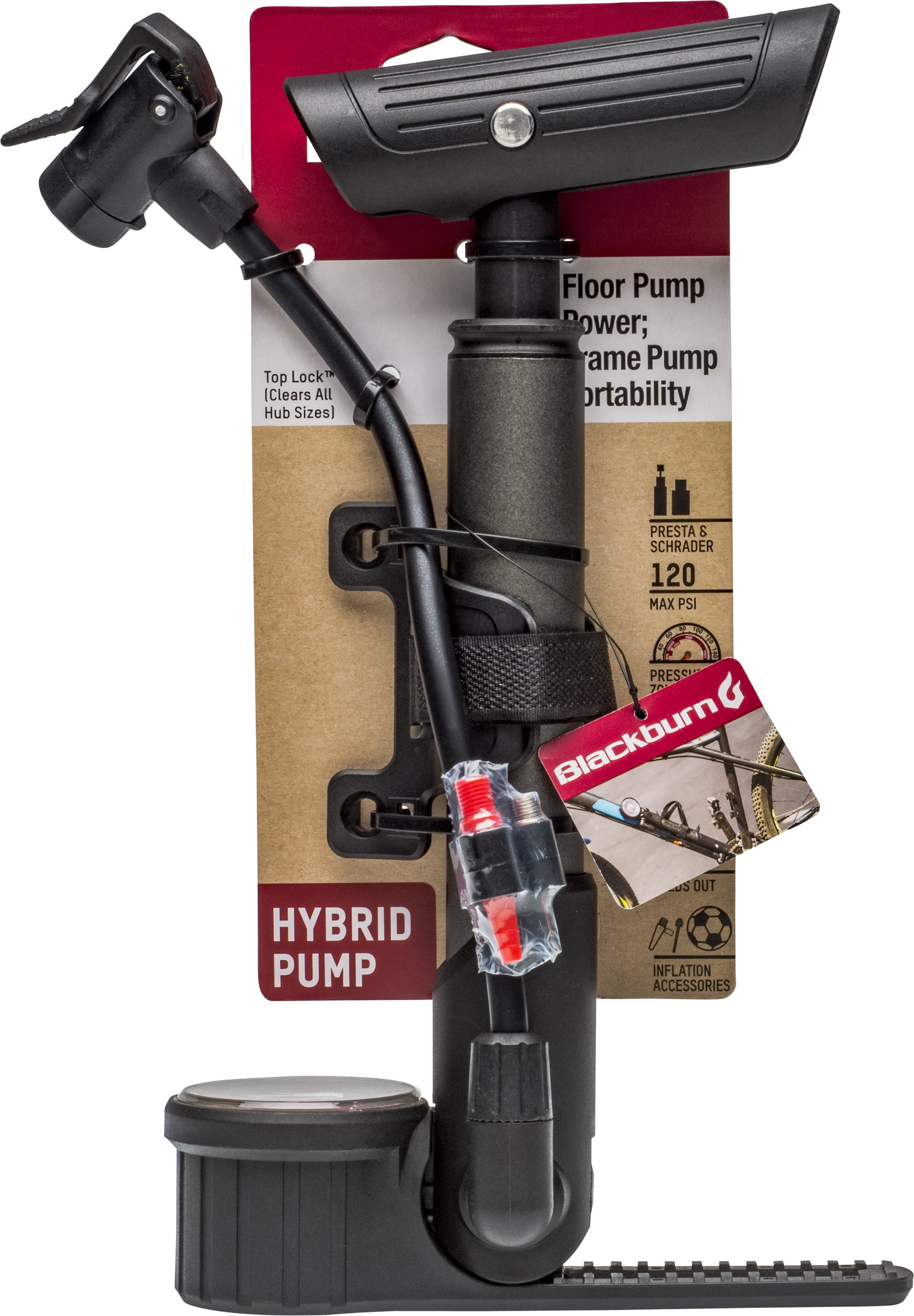 Blackburn Hybrid Bicycle Frame Pump with Pressure Gauge Reversible Pump Head Black