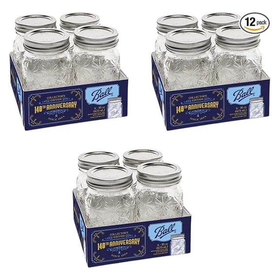 Limited Edition 140th Anniversary Glass Mason Jars, Regular Mouth, Pint Size, 16 OZ, 4-Count, Pack of 3 (12 Jars Total)