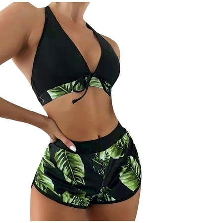 

Two Piece Bathing Suits for Women Halter Sporty Swimsuits Push Up Beachwear Tropical Print Athletic Swimwear