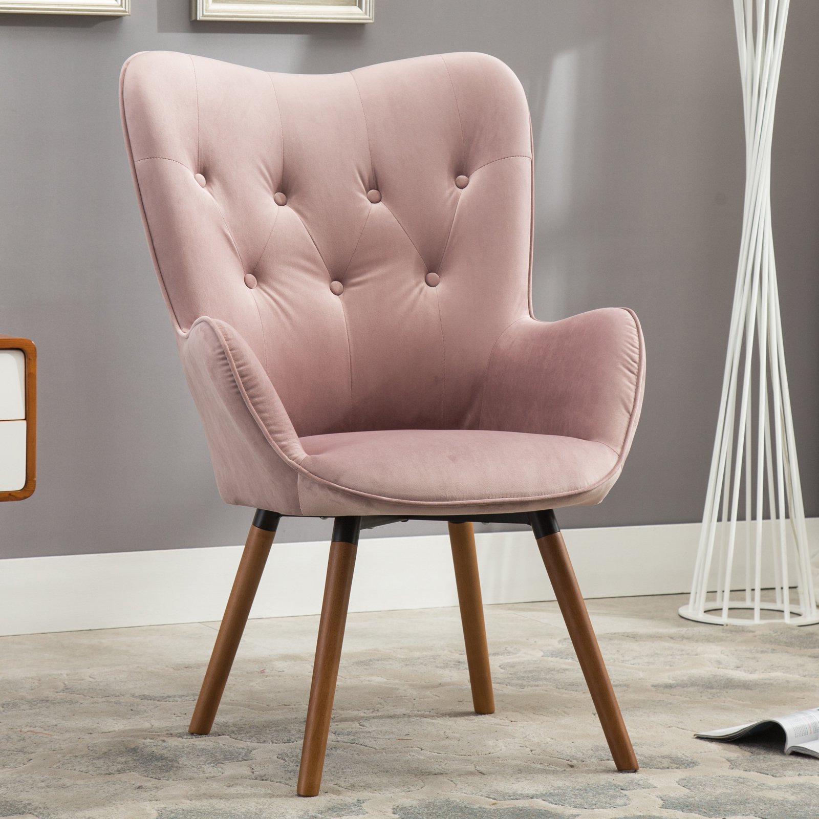 Details About Upholstered Pink Accent Chair High Back Blush Tufted Velvet Armchair Furniture