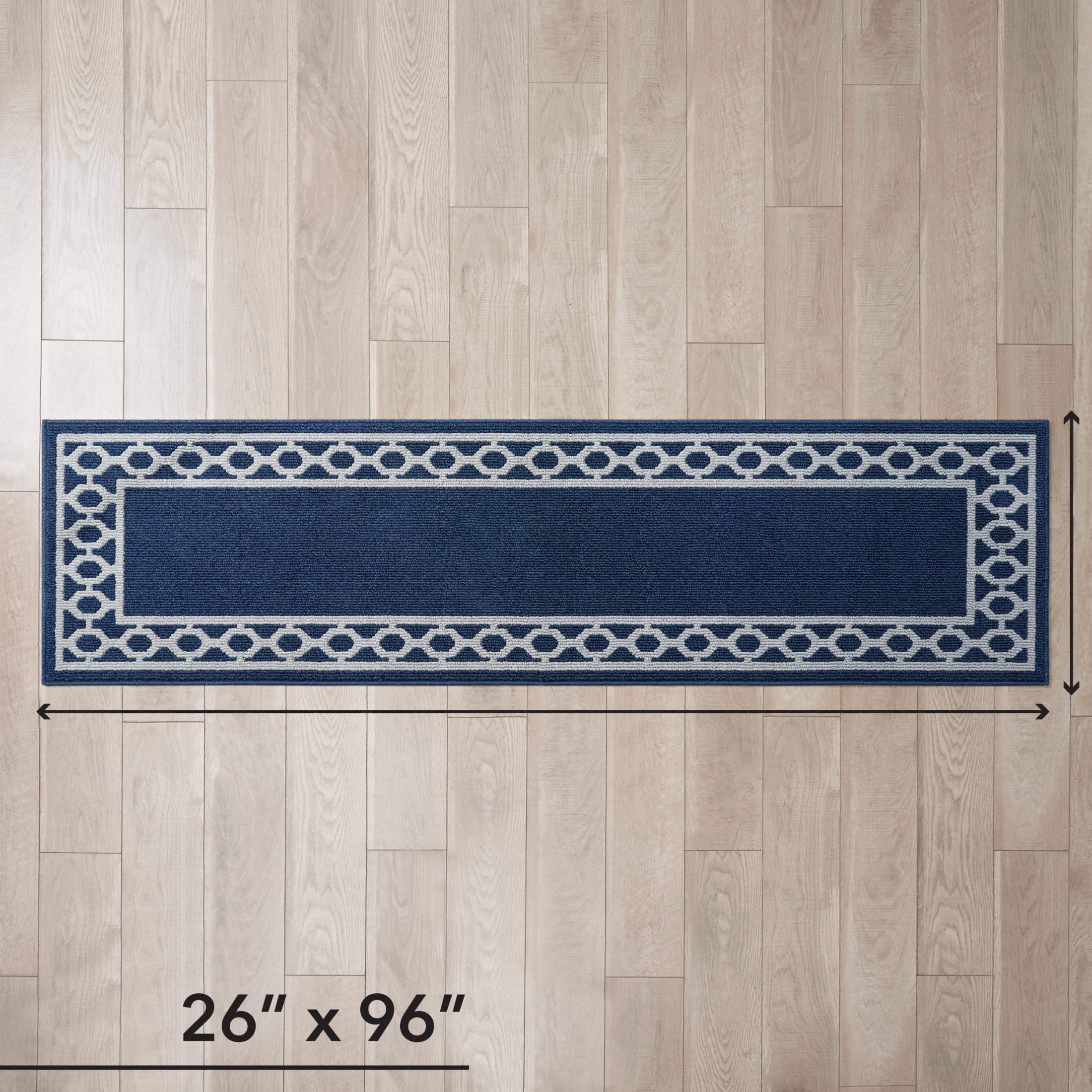 Washable Skid-Resistant Runner Rug, Trellis Border , Denim Twist and Light Grey , 26" x 96"