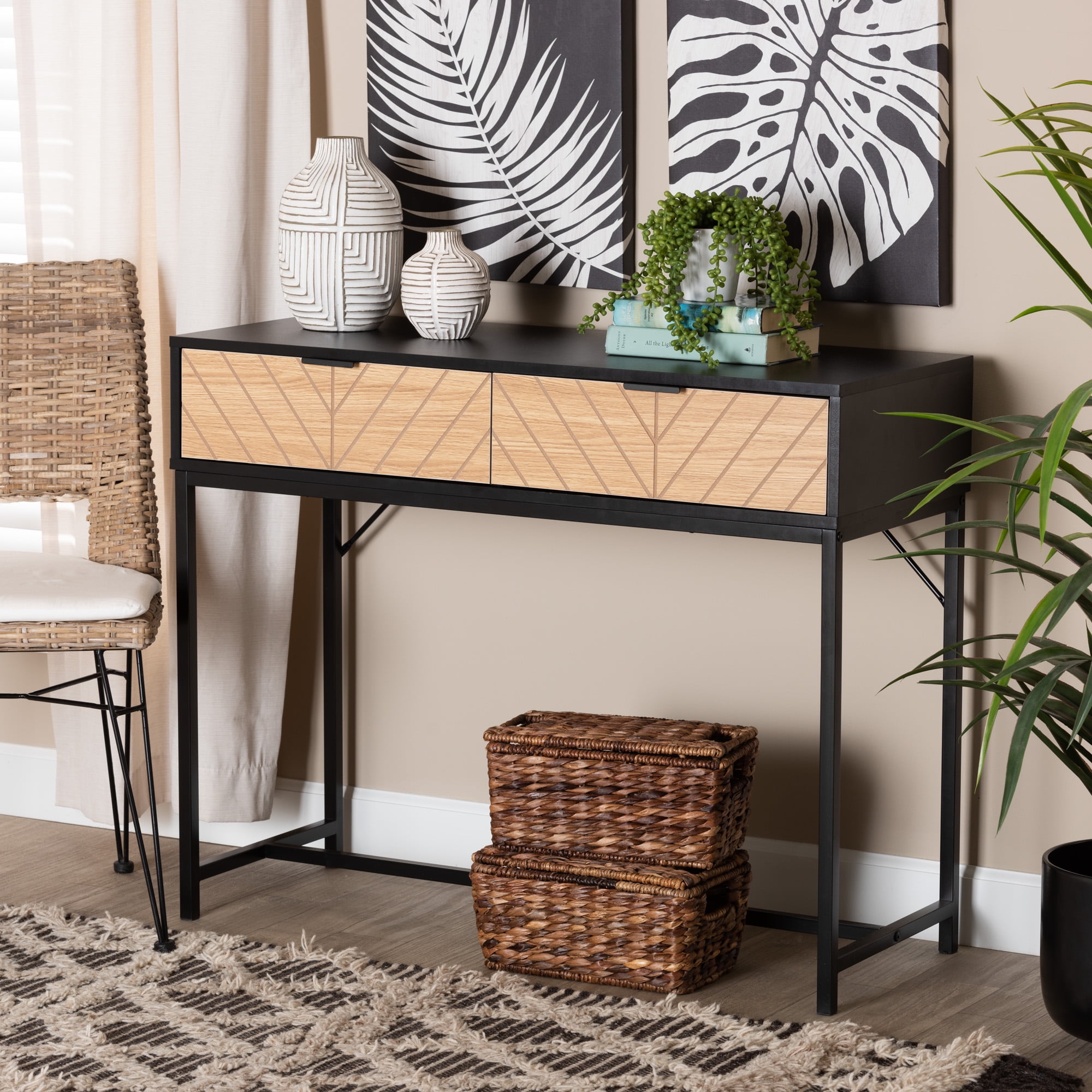 Baxton Studio Jacinth Modern Industrial Two-Tone Black and Natural Brown Finished Wood and Black ...