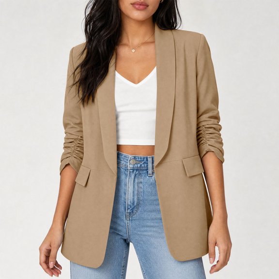 GUACER Blazers for Women 3/4 Sleeve Casual Open-Front Relaxed Fit Business Suit Coat with Pockets