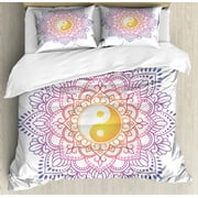 Orient Duvet Cover Set Queen Size, Color Change Design Yin Yang Symbol and Spirals and Dots Folkloric Design Print, Decorative 3 Piece Bedding Set with 2 Pillow Shams, Multicolor, by Ambesonne
