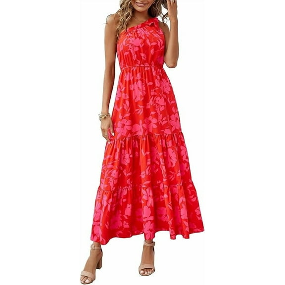 PRETTYGARDEN Women's Summer Floral One Shoulder Maxi Dress Knot Ruffle Boho Beach Vacation Wedding Guest Long Sun Dresses