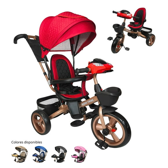 Triciclo Infantil Tipo Carriola con Bastón Ajustable Luz y Sonido-Rojo