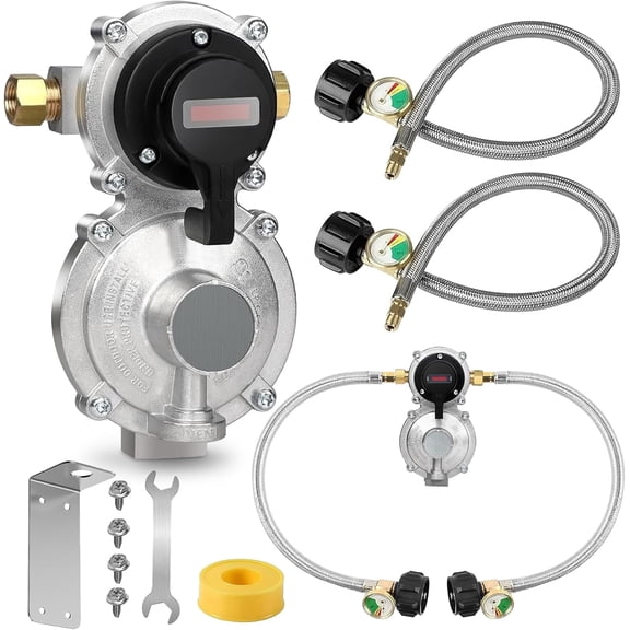 Two-Cylinder Connection Setup for Camper & Trailer Gas Systems, Rv Propane Regulator 2 Tank Hoses, LP Gas Regulator 2-Stage Auto Changeover Kit, Dual Tank Hoses with Propane Tank Gauge.