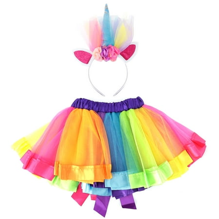 Girls Sparkling Unicorn Costume Rainbow Layered Tutu Skirts with Unicorn Horn