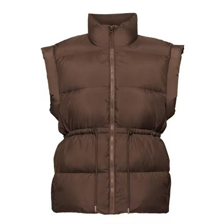 TrendVibe365 Womens Vest Puffer Jacket Brown No Sleeves Winter Vest Stand Collar Quilted Solid Winter Coat Crop Outwear Open Front Cardigans Padded Lightweight Overcoat 2023 Warm Puffy Clothes M Walma...