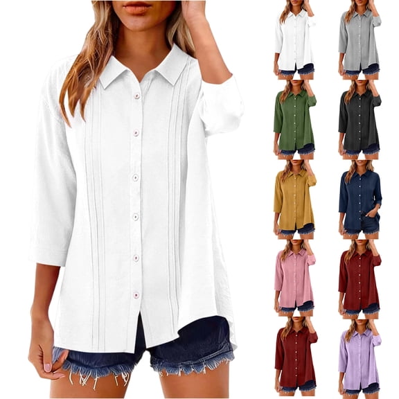 Women's Cotton Linen Tops Collared 3/4 Sleeve Button Down Shirts Front Pleated Loose Fit Casual Daily Wear Summer Elegant Blouses, #01 White, M