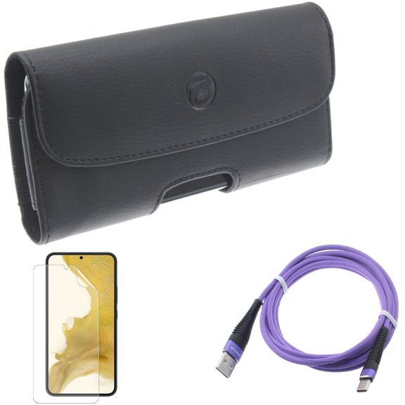 For Samsung Galaxy S21 (6.2") - Anti-Glare TPU Film Matte Screen Protector   Holster Leather Case Belt Clip   Type-C Purple 6ft USB Cable