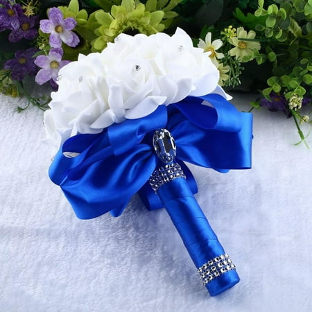 - Artificial Wedding Bouquet Flower, Bridal & Bridesmaid Wedding Flower Decor, Rhinestone Bow Artificial Rose Flower(Blue/White/Purple)