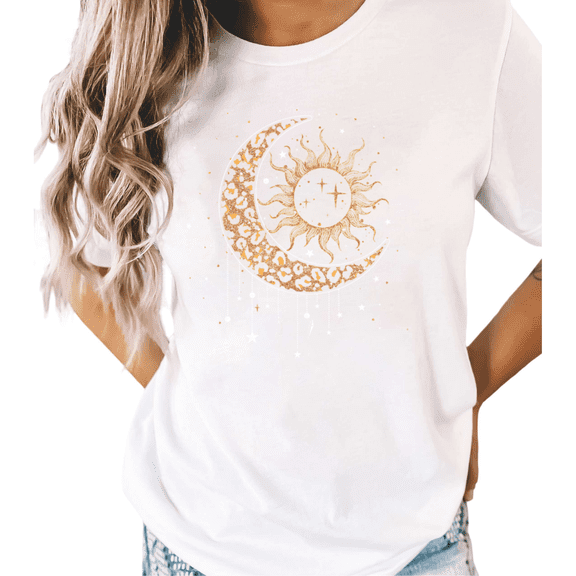 White S-5XL Leopard Print Sun Moon Celestial Print Tshirt Graphic Tees Shirts Boho Mystical Tops