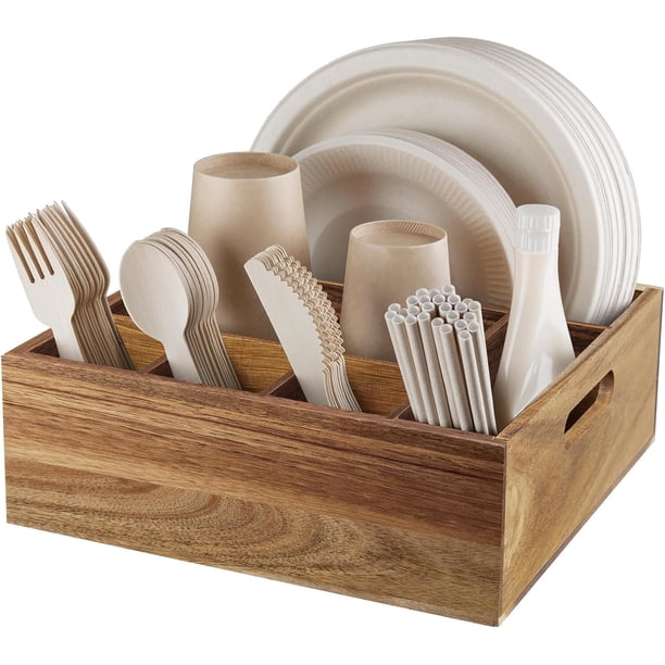 Organizador de Utensilios y Platos de Madera de Acacia con 6 Compartimentos y Asas para Fiestas Buffets Camping y Cocina con Diseño Rústico
