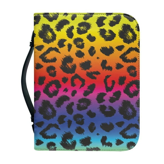 Xoenoiee Rainbow Gradient Leopard Print Bible Case Bible Cover Faux Leather Carrying Book Holder Church Bags with Zipper Study Essentials Organizer Tote Gifts for Women Men, M
