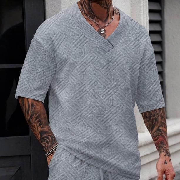 Ceisia Men's Casual V-Neck Textured Knit T-Shirt | Loose Fit Short Sleeve Solid Color Top Gifts