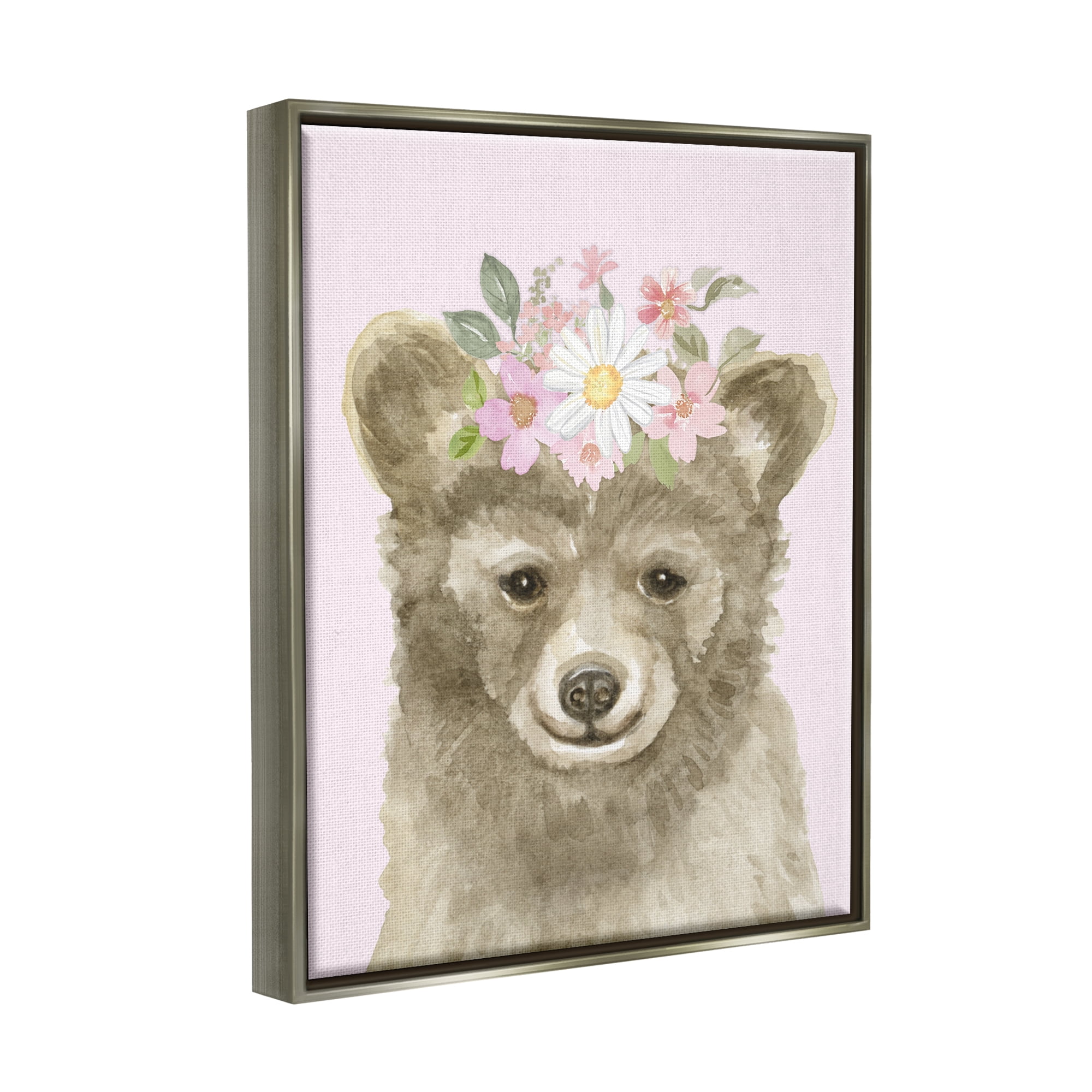 Stupell Industries Floral Bear on Pink Animals & Insects Painting Gray Floater Framed Art Print Wall Art, 17 x 21