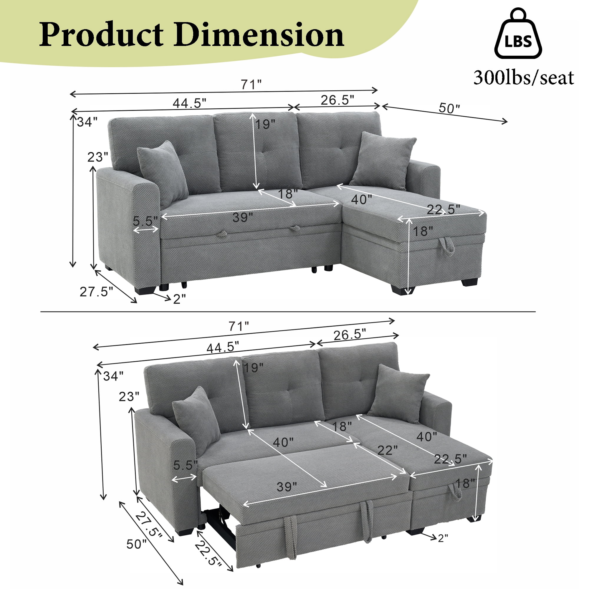 Howcool Sectional Sleeper Sofa with Pull-Out Bed,Reversible Storage Chaise,L-Shaped Convertible Couch for Small Living Room,Light Gray,Coffee Bean