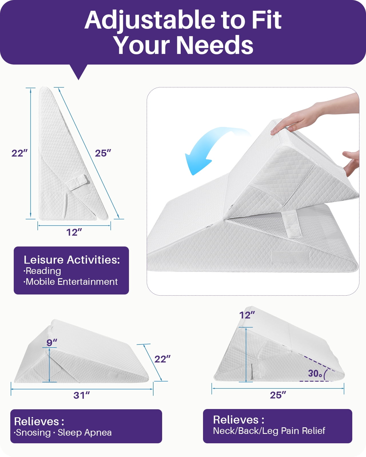 KEKOY Wedge Pillows for Bed Sleeping/ Sleep Apnea, Adjustable Height to 9-12 inches, Washable Cover, White
