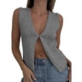 thumbnail image 2 of Womens Vintage Knittd Tank Y2k Vest Crop Top Sleeveless V-Neck Open Front Button Crochet Knit Vests Grey S, 2 of 9