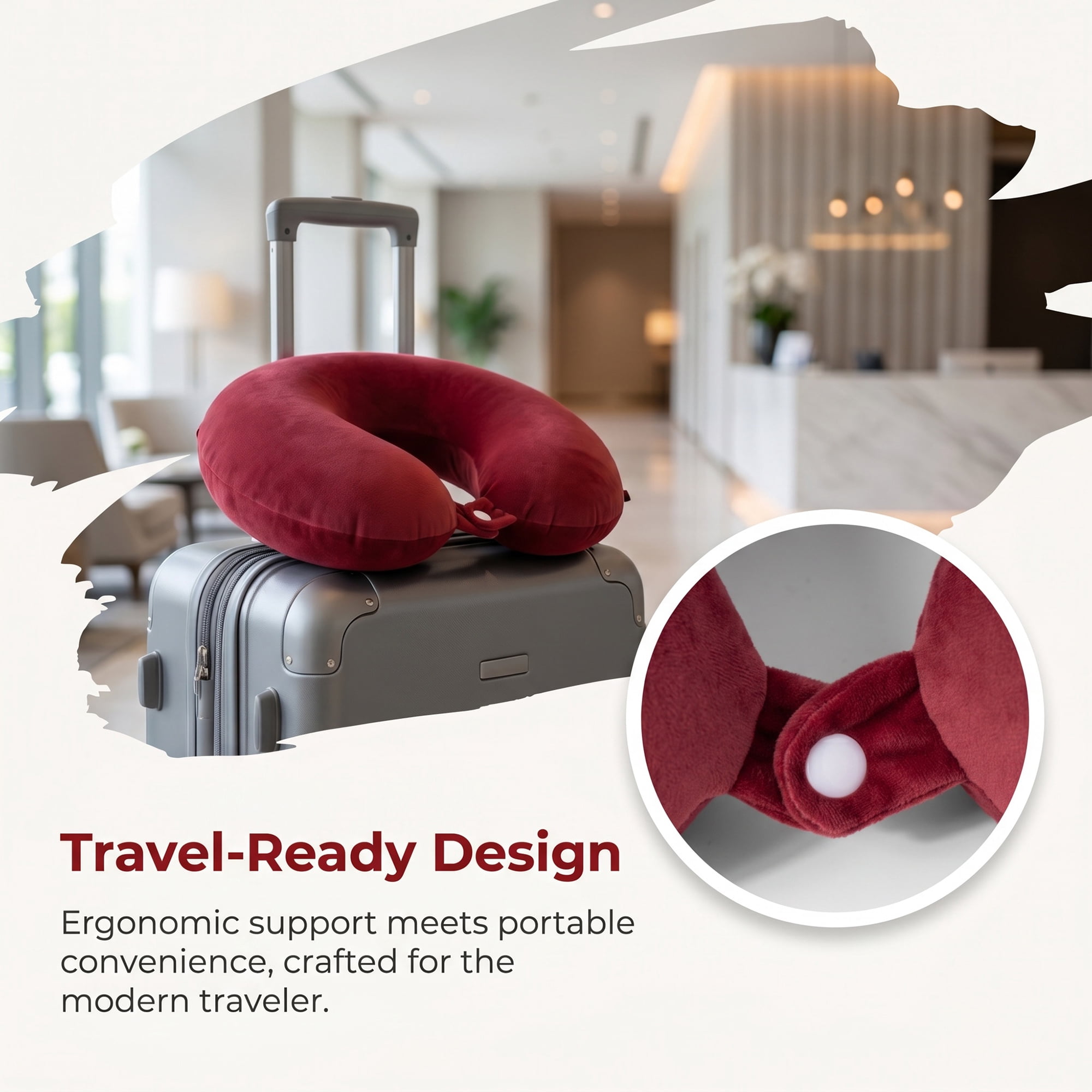 Unique Bargains Memory Foam Travel U Shape Neck Pillow Snap Closure Wine Red 12"x12"x4"