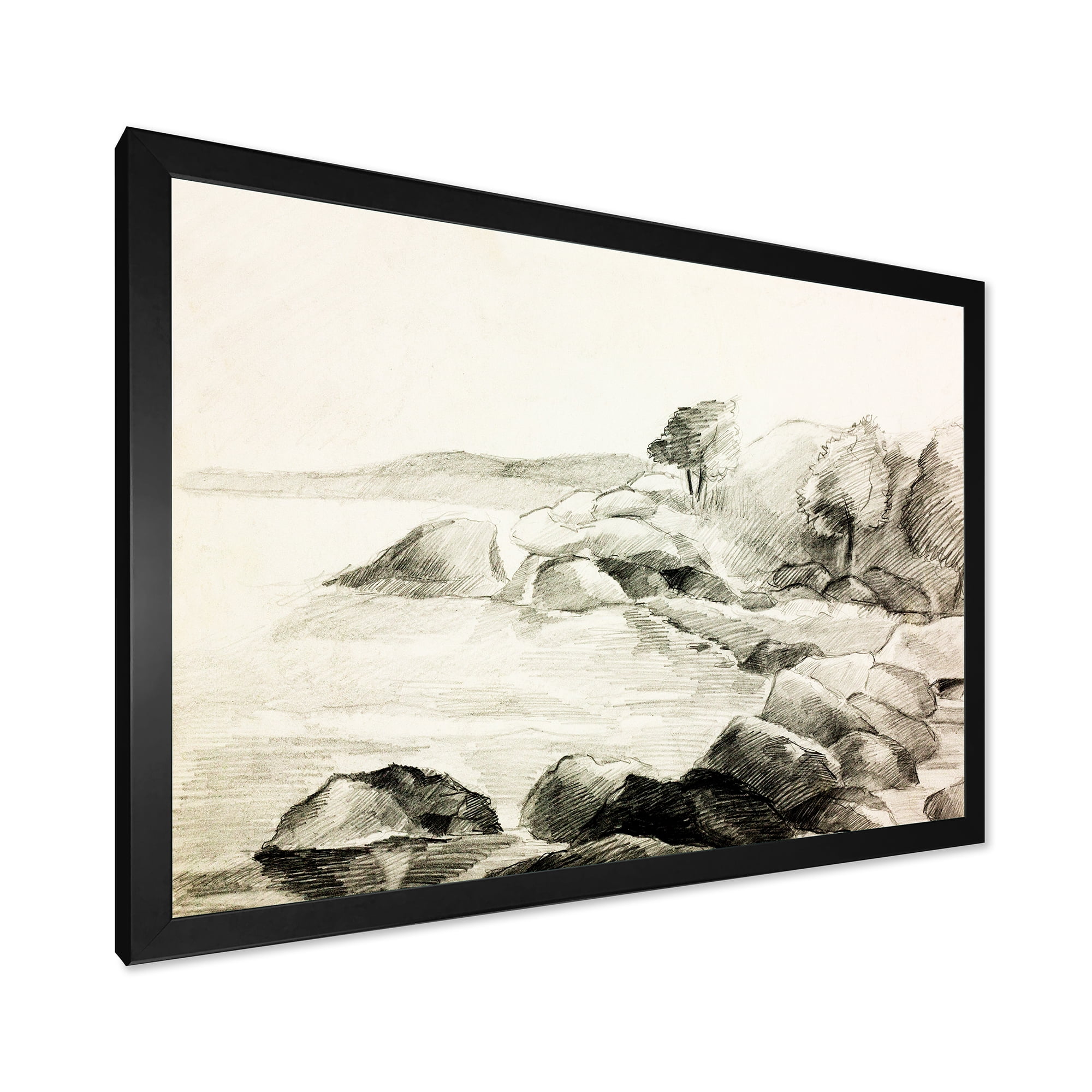 Designart 'Black and White Lake Shore' Nautical & Coastal Framed Art Print