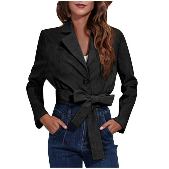 Cropped Blazers Jacket for Women Lace Up Waist Dressy Blazer Long Sleeve Lapel Work Clothes Spring Fall Outwear Ladies Clothes